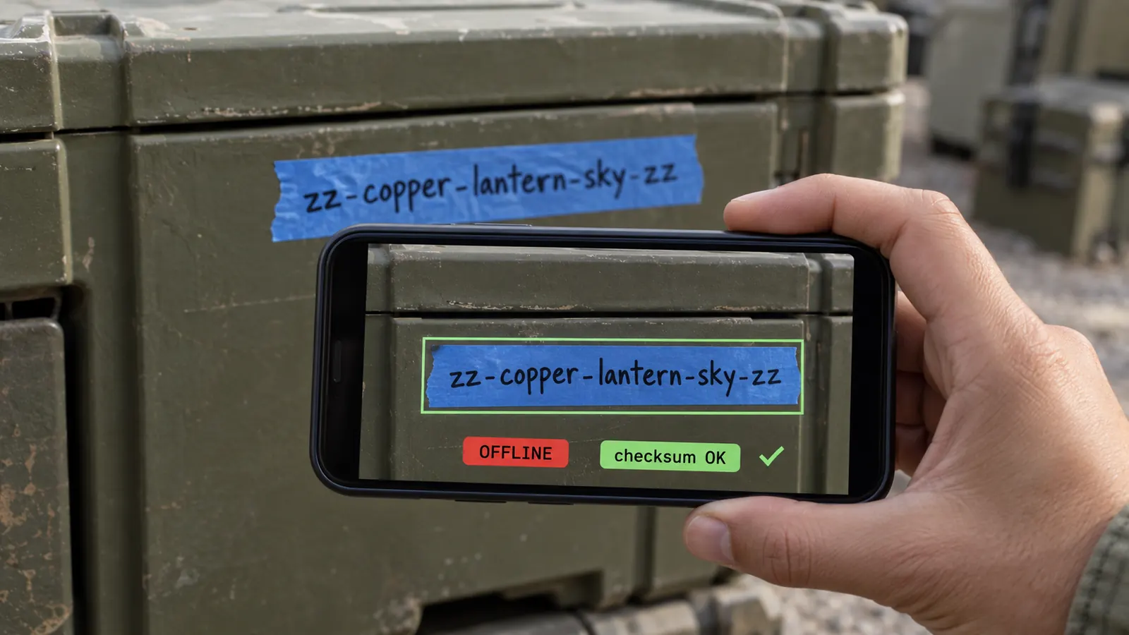 Phone camera framing a handwritten crate code with offline and check word indicators.