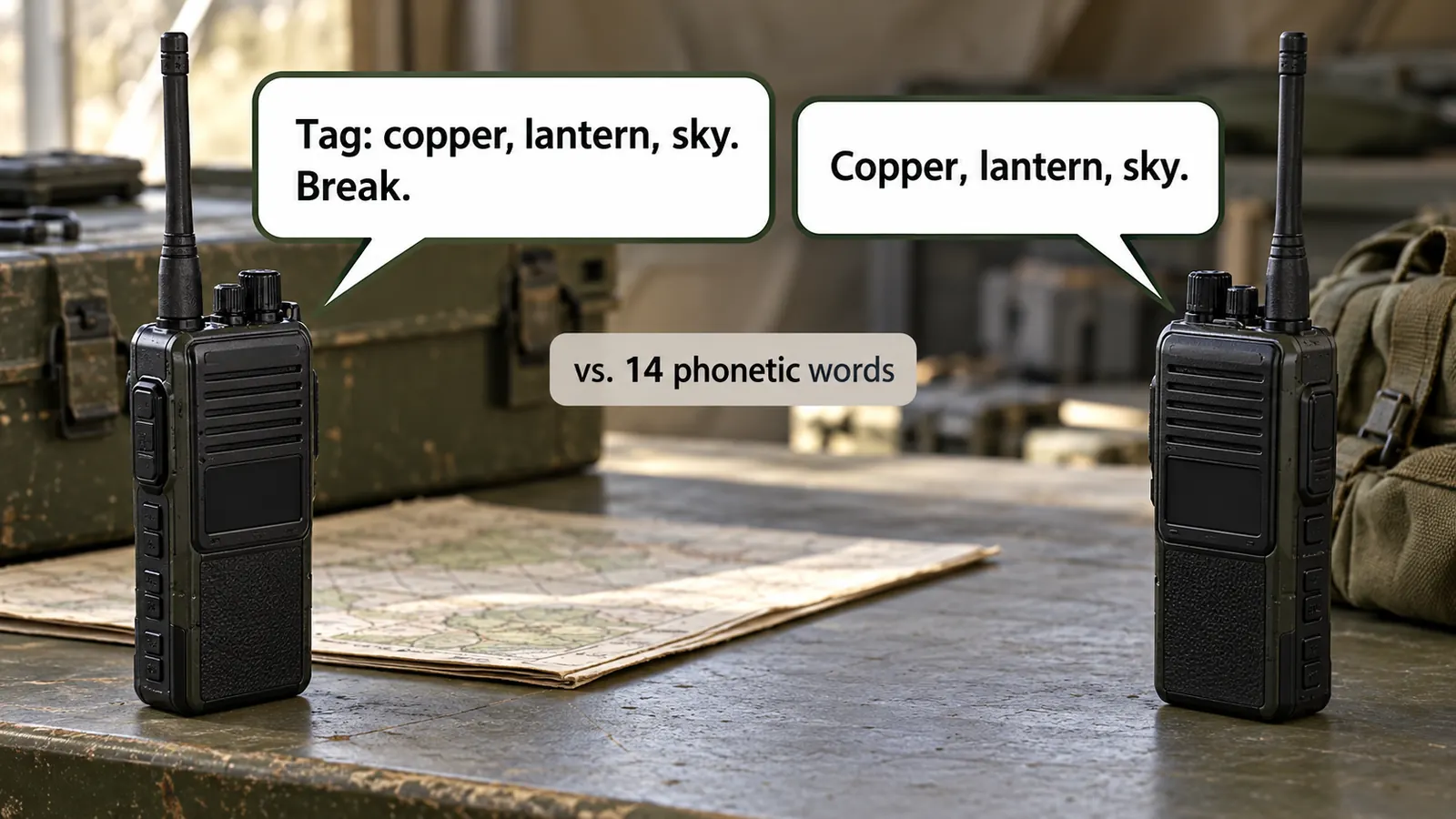 Two radios with the handoff "Tag: copper, lantern, sky. Break." and a read-back.