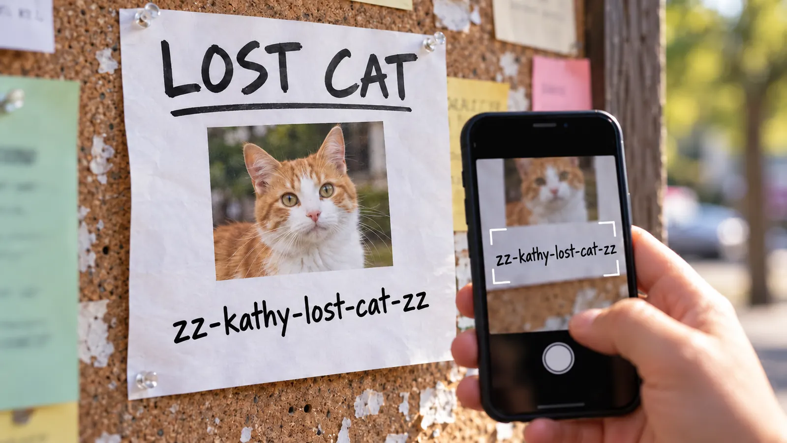 Lost-cat flyer with zz-kathy-lost-cat-zz being scanned by a phone.