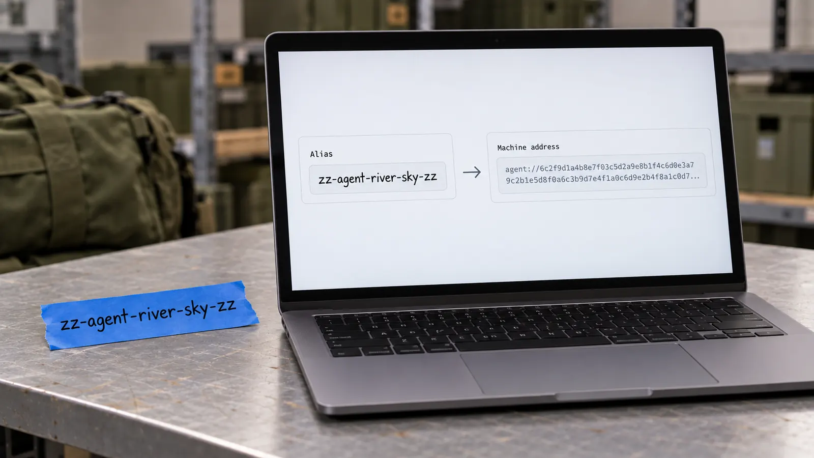 Laptop showing a short zz alias mapped to a long agent address.
