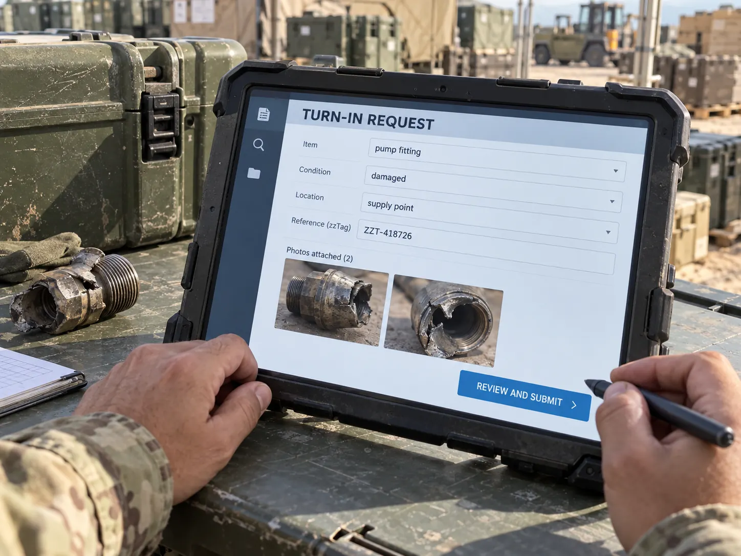 Tablet turn-in request form with item fields and attached photos.