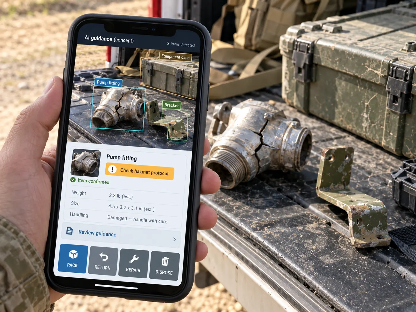 Phone screen with a recognized item being dragged onto large action buttons.